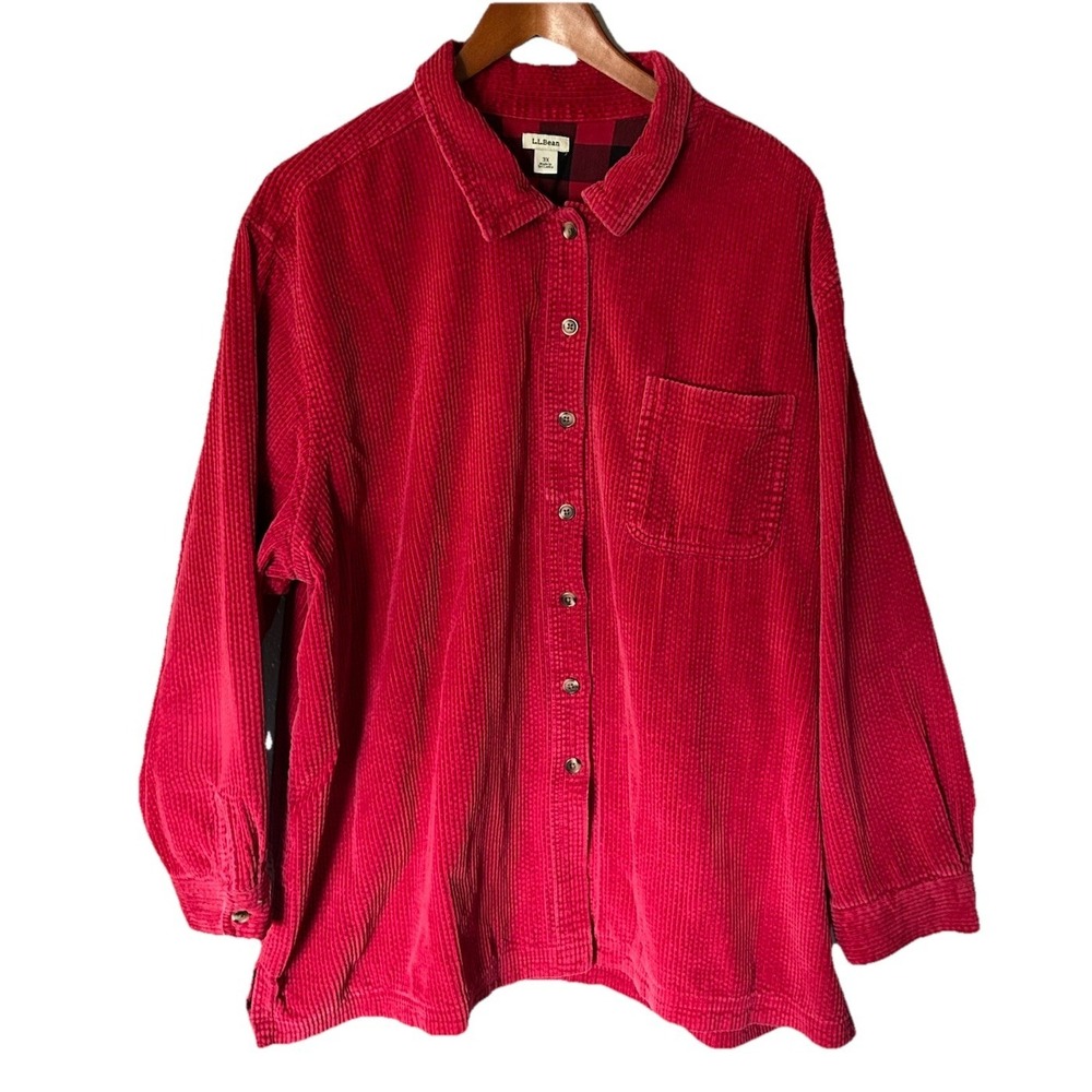 L.L.Bean Corduroy Shacket Size 3X Red Plaid Lined Button Down Shirt Cottagecore